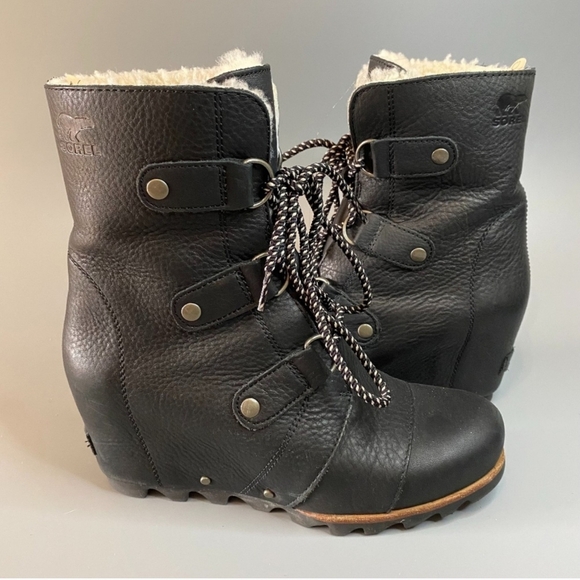 Sorel Joan of Arctic Mid Lace Up Wedge Black Leather Shearling Lux 8.5 - Picture 5 of 5